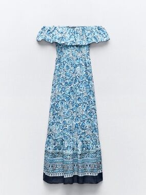 Zara Blue and White Off-Shoulder Floral Maxi Dress